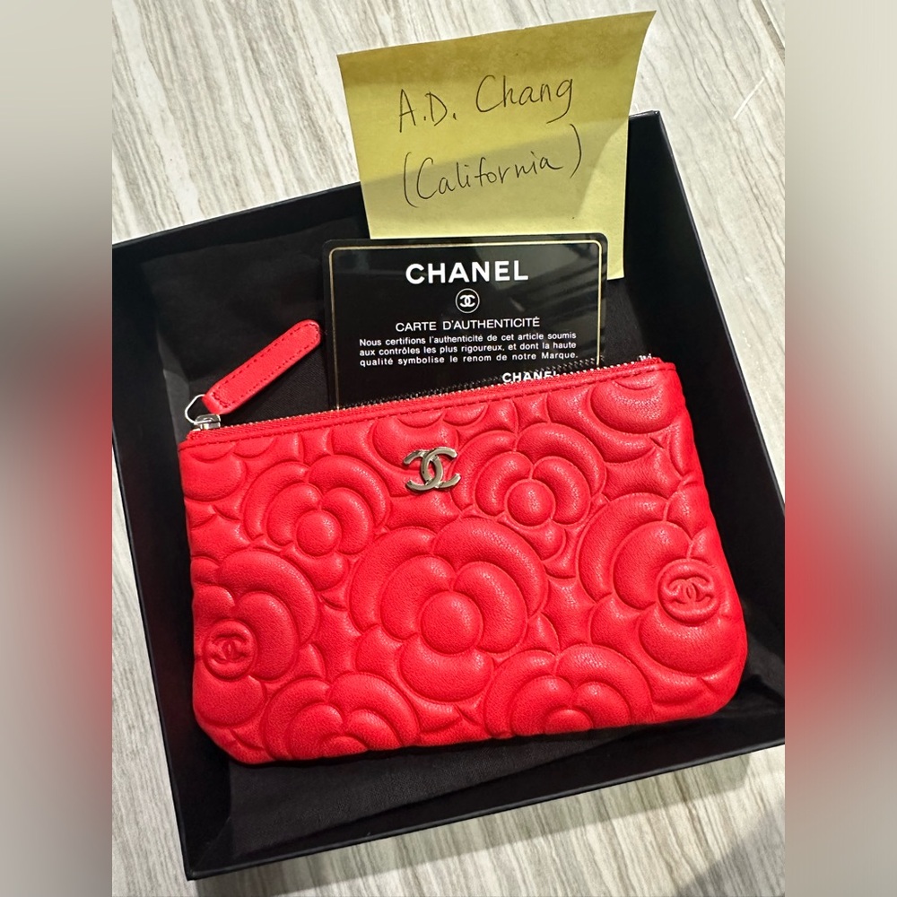 SOLD!!! NEW Chanel Red Camellia Lambskin O Case with SHW. Full set.